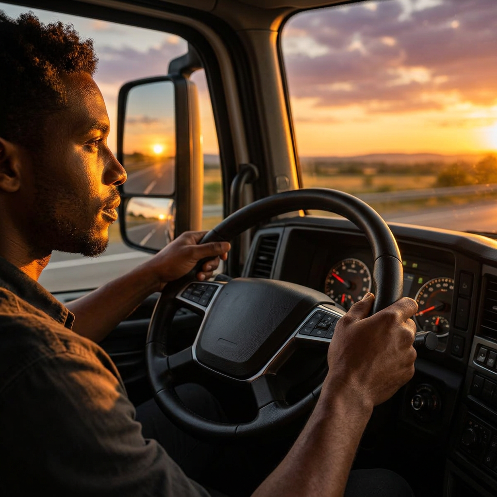 Black professional truck driver at the steering wheel at sunset